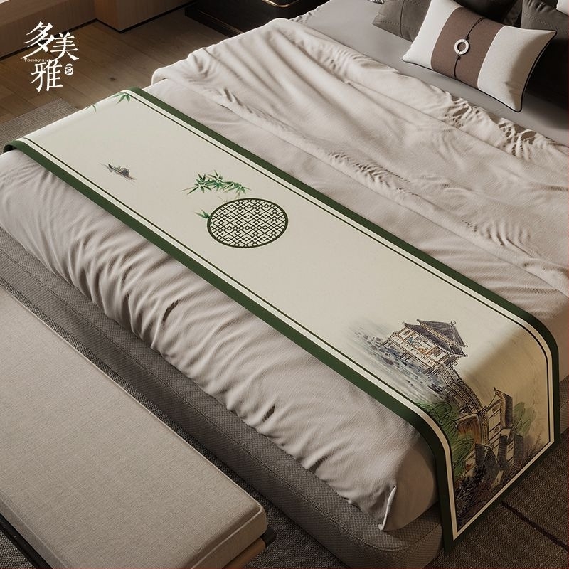 Új kínai stílusú ágyvégi törölköző, vízálló, poliészter, táj mintázat, hotel stílusban, Domeya