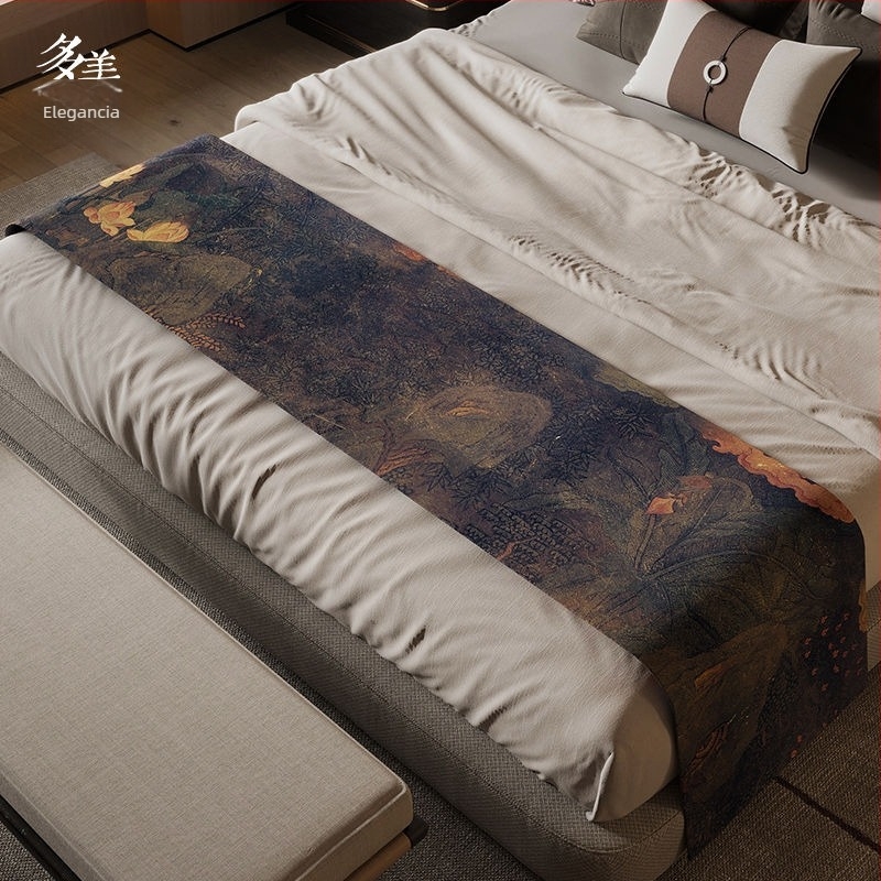 Új kínai stílusú ágyvégi törölköző, vízálló, poliészter, táj mintázat, hotel stílusban, Domeya