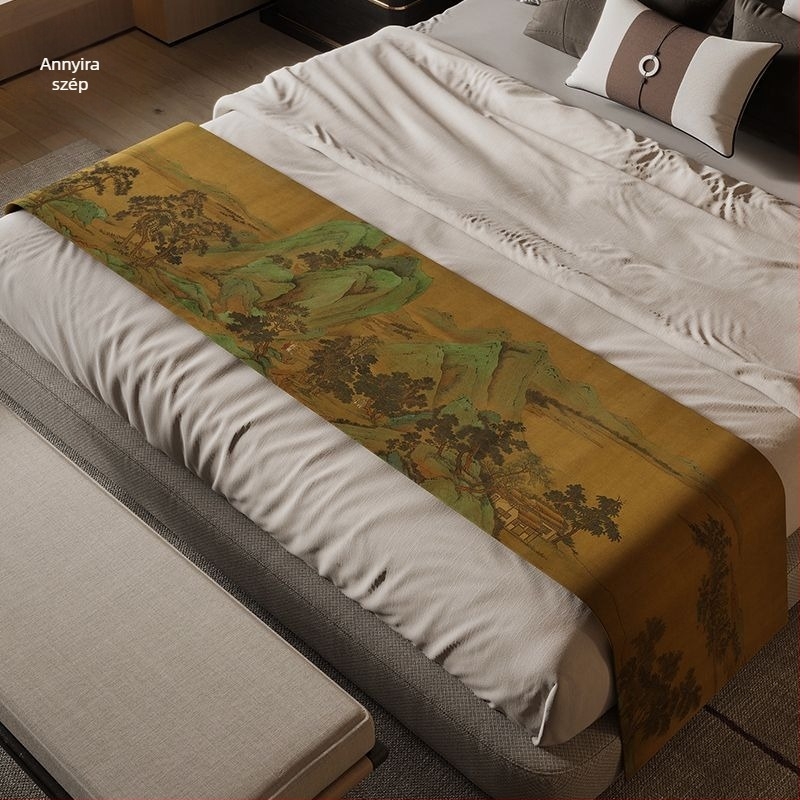 Új kínai stílusú ágyvégi törölköző, vízálló, poliészter, táj mintázat, hotel stílusban, Domeya