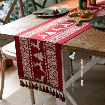 Jacquard poliészter karácsonyi asztalterítő bojtokkal – hóember és szarvas minta, borvörös