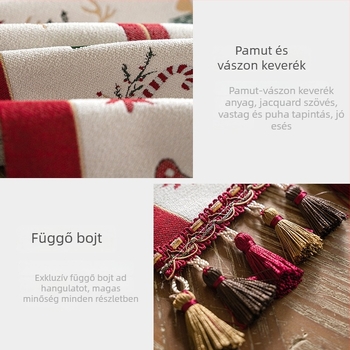 Jacquard poliészter karácsonyi asztalterítő bojtokkal – hóember és szarvas minta, borvörös