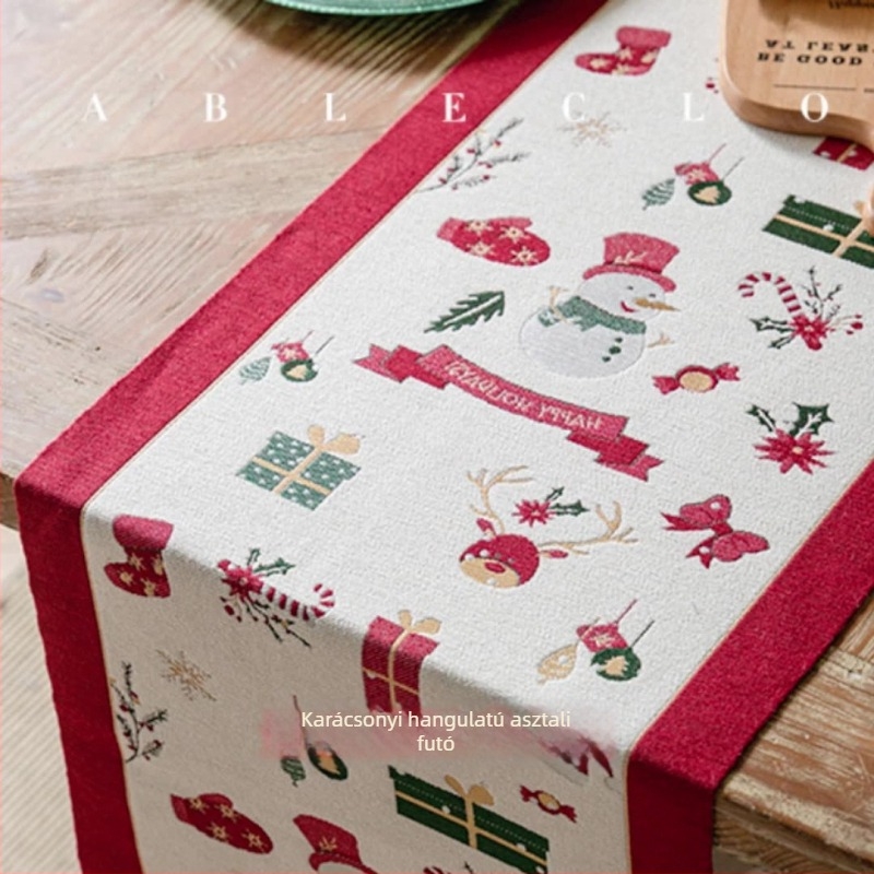 Jacquard poliészter karácsonyi asztalterítő bojtokkal – hóember és szarvas minta, borvörös