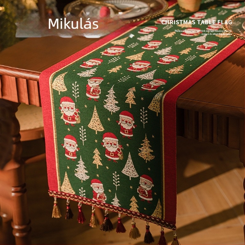 Jacquard poliészter karácsonyi asztalterítő bojtokkal – hóember és szarvas minta, borvörös
