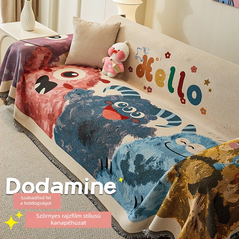 Feiyi Dopamine Cartoon kanapévédő, 100% pamut, egy darabos teljes huzat, csúszásmentes párnahuzat, geometriai és karikatúra mintával, háromüléses kanapéhoz