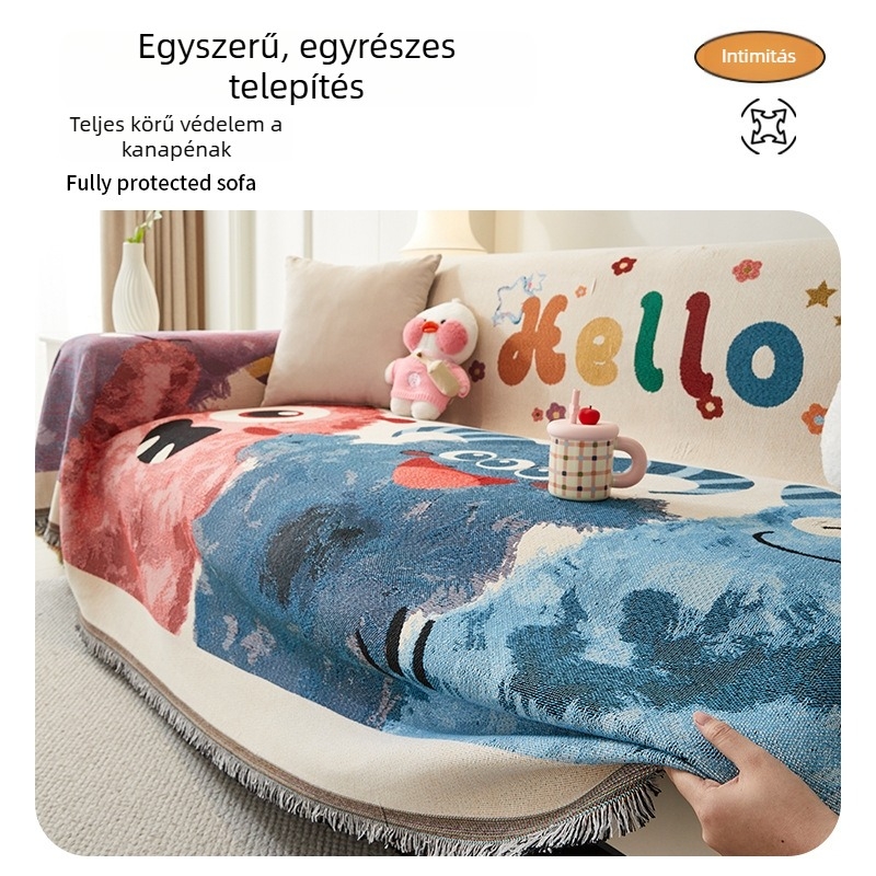 Feiyi Dopamine Cartoon kanapévédő, 100% pamut, egy darabos teljes huzat, csúszásmentes párnahuzat, geometriai és karikatúra mintával, háromüléses kanapéhoz