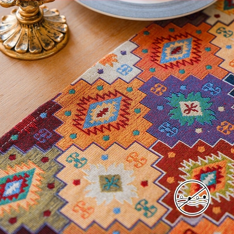 Moroccan stílusú asztali futó, etnikus geometriai absztrakt minta, poliészter 80% + pamut 20% keverék