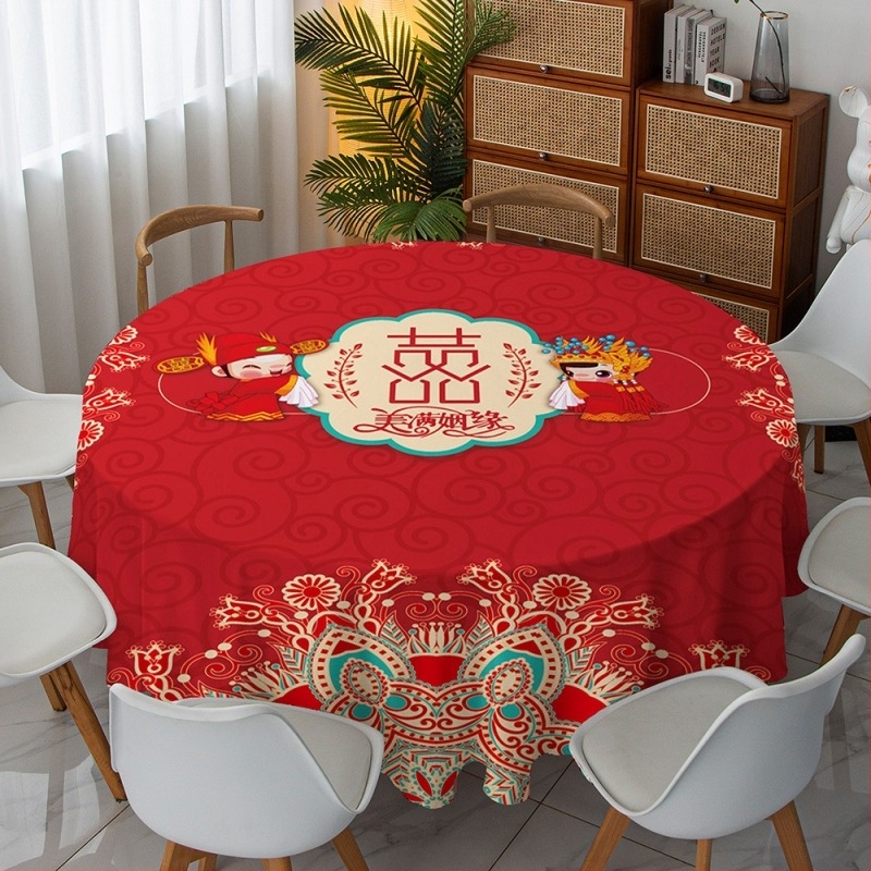Kör alakú asztalterítő, 100% poliészter, porálló, égés elleni és hőszigetelő funkcióval, Minta: boldog szó, Stílus: új kínai stílus