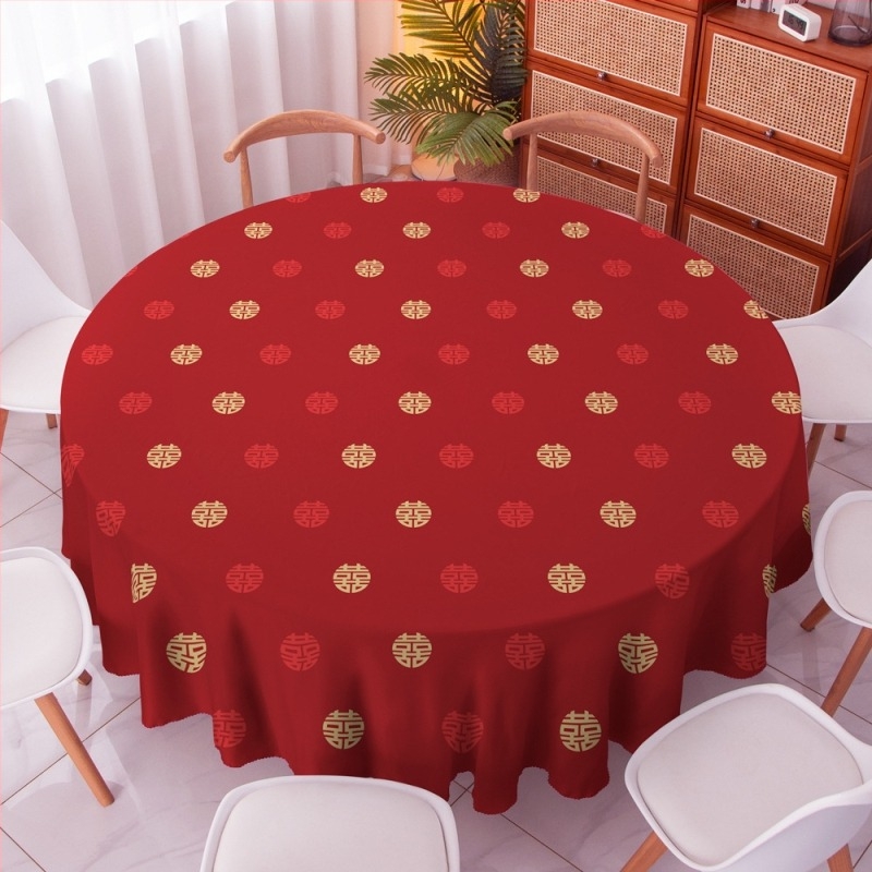 Kör alakú asztalterítő, 100% poliészter, porálló, égés elleni és hőszigetelő funkcióval, Minta: boldog szó, Stílus: új kínai stílus