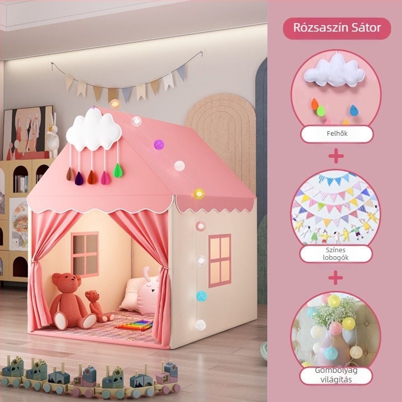Beltéri gyerek sátor – kastély-hercegnő dizájn, háromrétegű felépítés, pamut anyagok, vízállóság 1000 mm alatt