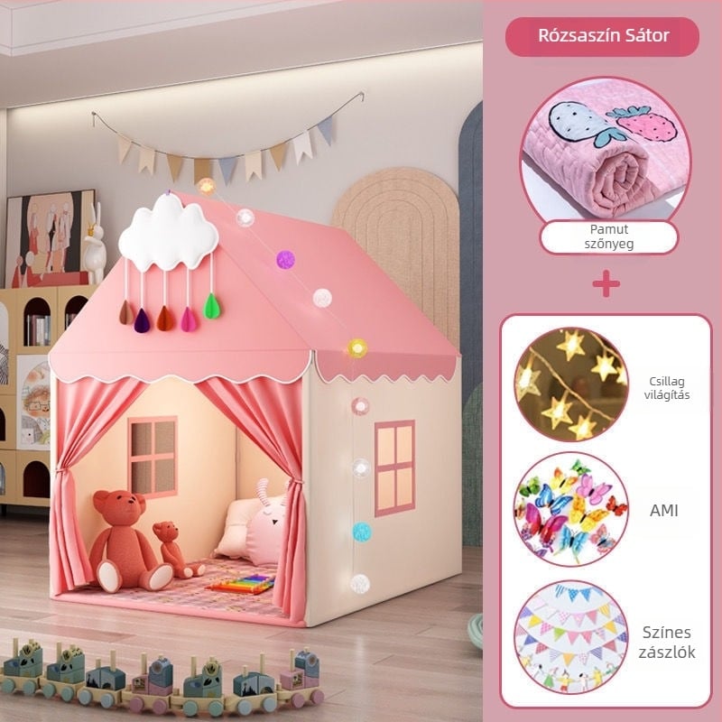 Beltéri gyerek sátor – kastély-hercegnő dizájn, háromrétegű felépítés, pamut anyagok, vízállóság 1000 mm alatt