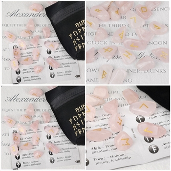 Természetes kristálykészlet rózsakvarccal, holdkővel, ametiszt-tel és acháttal – skandináv rúna kövek és rúna szimbólumok, ideális születésnapi ajándék