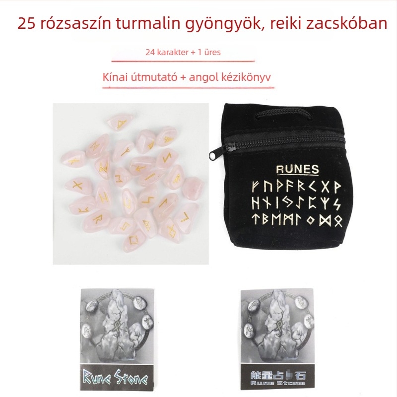 Természetes kristálykészlet rózsakvarccal, holdkővel, ametiszt-tel és acháttal – skandináv rúna kövek és rúna szimbólumok, ideális születésnapi ajándék