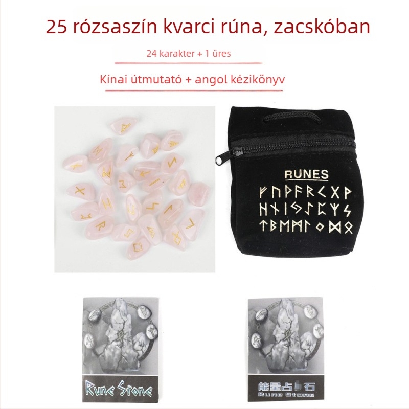Természetes kristálykészlet rózsakvarccal, holdkővel, ametiszt-tel és acháttal – skandináv rúna kövek és rúna szimbólumok, ideális születésnapi ajándék