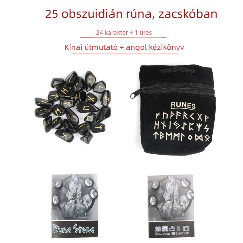 Természetes kristálykészlet rózsakvarccal, holdkővel, ametiszt-tel és acháttal – skandináv rúna kövek és rúna szimbólumok, ideális születésnapi ajándék