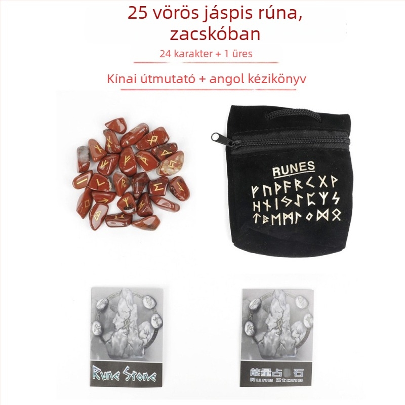 Természetes kristálykészlet rózsakvarccal, holdkővel, ametiszt-tel és acháttal – skandináv rúna kövek és rúna szimbólumok, ideális születésnapi ajándék