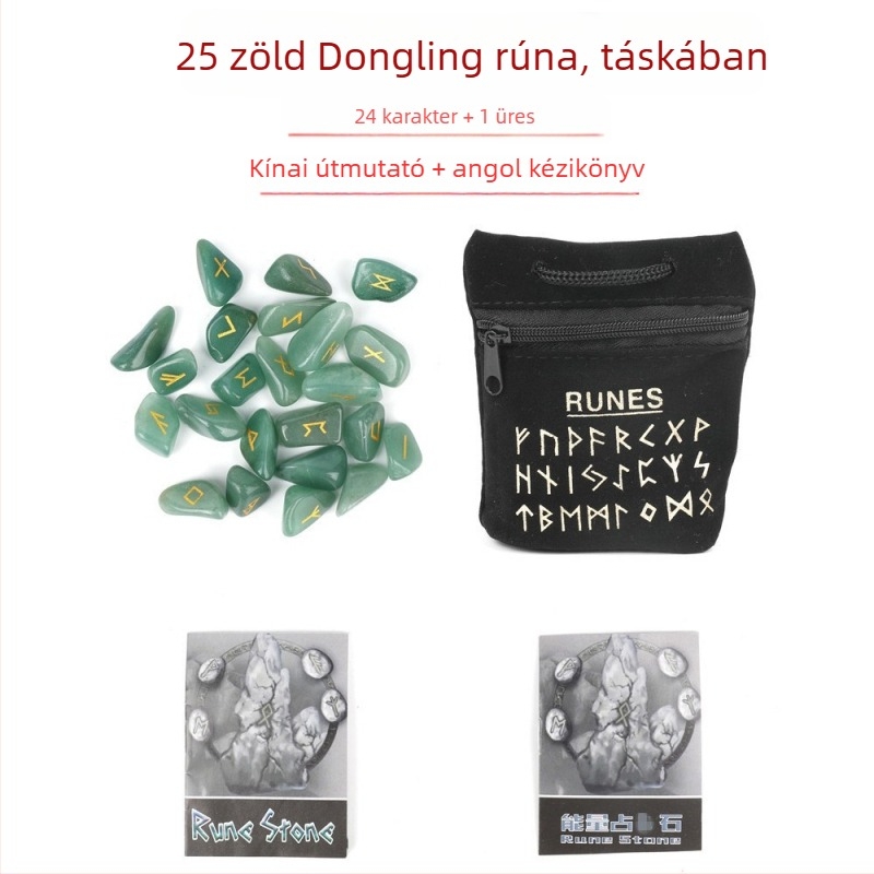 Természetes kristálykészlet rózsakvarccal, holdkővel, ametiszt-tel és acháttal – skandináv rúna kövek és rúna szimbólumok, ideális születésnapi ajándék