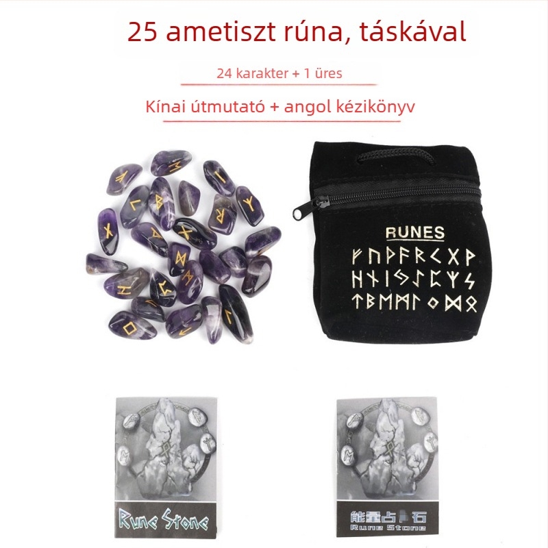 Természetes kristálykészlet rózsakvarccal, holdkővel, ametiszt-tel és acháttal – skandináv rúna kövek és rúna szimbólumok, ideális születésnapi ajándék