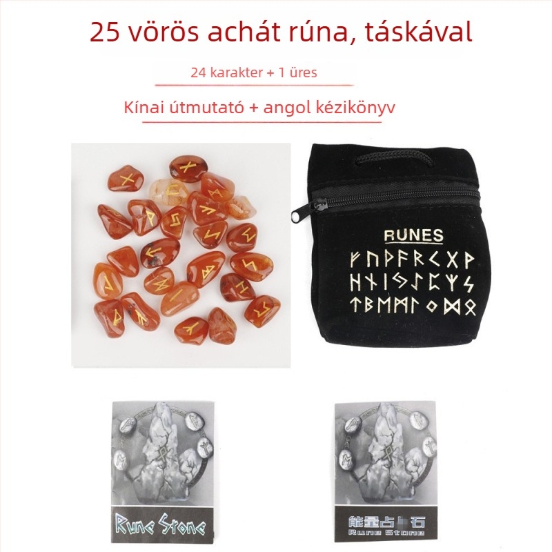 Természetes kristálykészlet rózsakvarccal, holdkővel, ametiszt-tel és acháttal – skandináv rúna kövek és rúna szimbólumok, ideális születésnapi ajándék