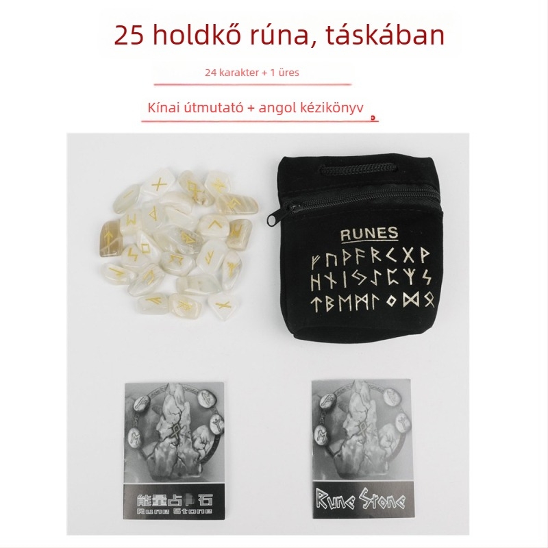 Természetes kristálykészlet rózsakvarccal, holdkővel, ametiszt-tel és acháttal – skandináv rúna kövek és rúna szimbólumok, ideális születésnapi ajándék