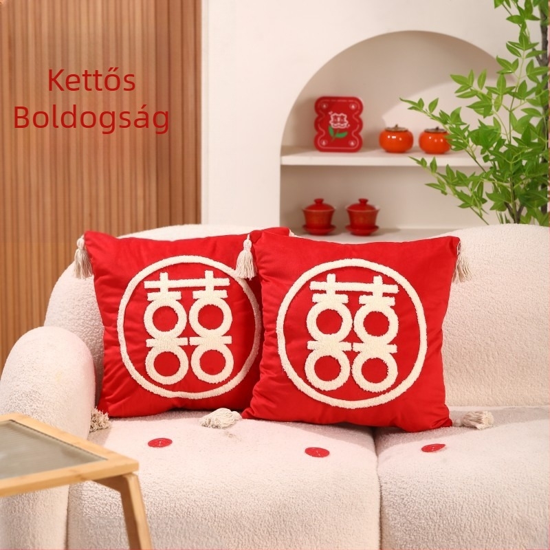Esküvői párna pár Double Happiness felirattal a friss házasok hálószobájának díszére, pamut anyag, gyapot töltet, esküvői stílus
