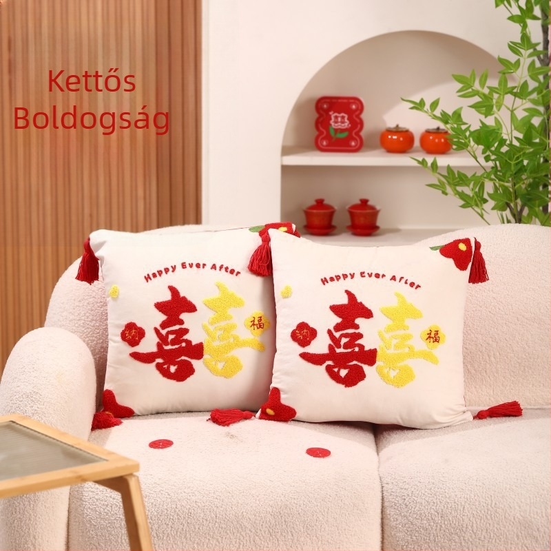 Esküvői párna pár Double Happiness felirattal a friss házasok hálószobájának díszére, pamut anyag, gyapot töltet, esküvői stílus