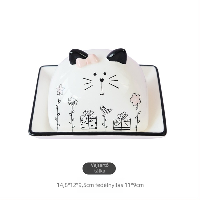 Porcelán macskatároló edény – lezárt, nedvességálló, kerek forma, rajzfilm minta, modern egyszerű stílus, mikrohullámú sütőben használható