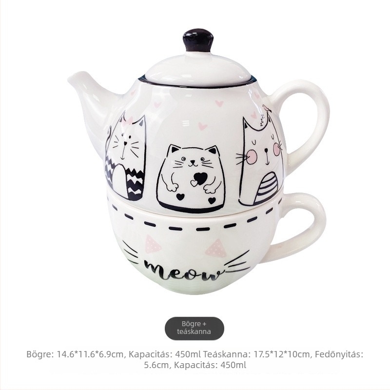 Porcelán macskatároló edény – lezárt, nedvességálló, kerek forma, rajzfilm minta, modern egyszerű stílus, mikrohullámú sütőben használható