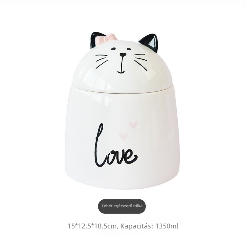 Porcelán macskatároló edény – lezárt, nedvességálló, kerek forma, rajzfilm minta, modern egyszerű stílus, mikrohullámú sütőben használható