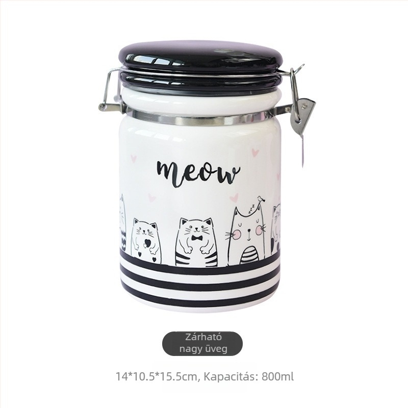 Porcelán macskatároló edény – lezárt, nedvességálló, kerek forma, rajzfilm minta, modern egyszerű stílus, mikrohullámú sütőben használható