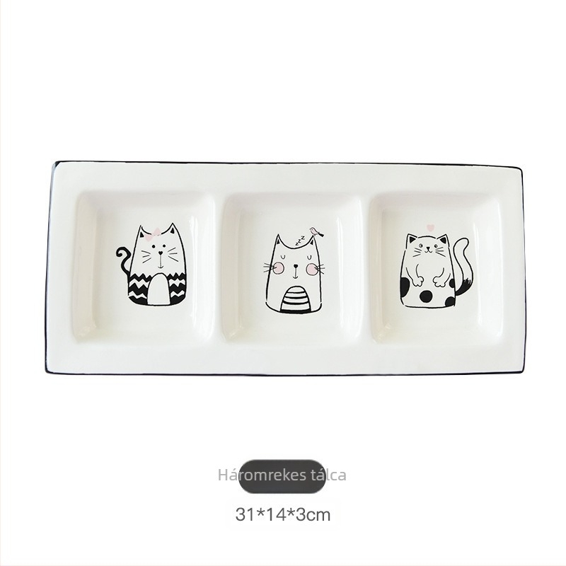 Porcelán macskatároló edény – lezárt, nedvességálló, kerek forma, rajzfilm minta, modern egyszerű stílus, mikrohullámú sütőben használható