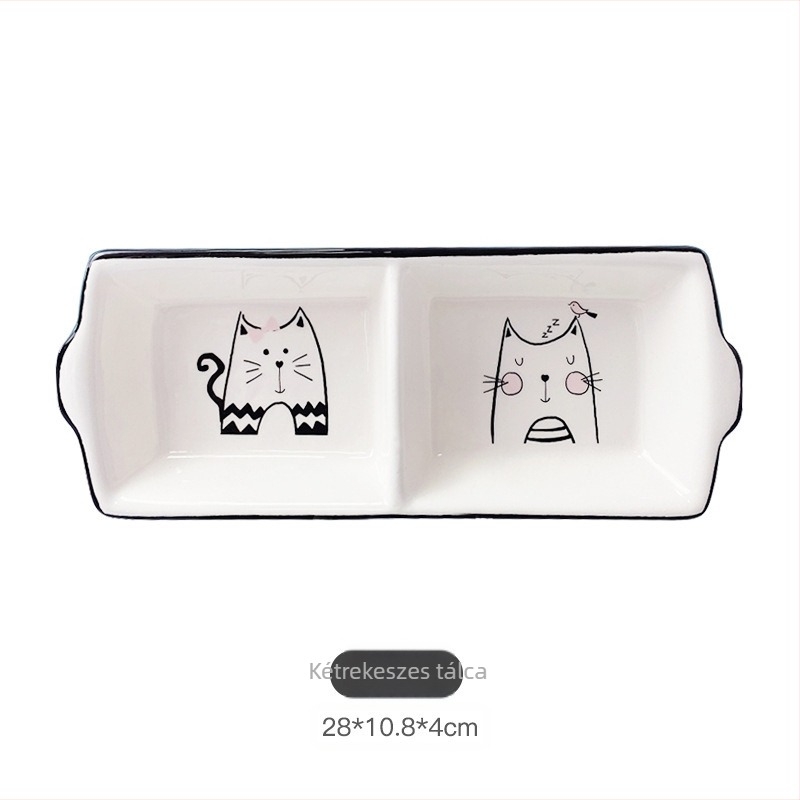 Porcelán macskatároló edény – lezárt, nedvességálló, kerek forma, rajzfilm minta, modern egyszerű stílus, mikrohullámú sütőben használható