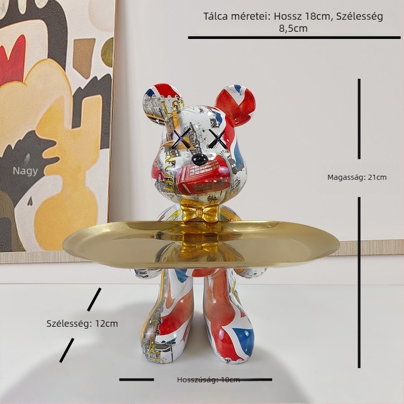 Gyantaanyagú dísztárgy karikatúra medvével, Light Luxury stílus, kézzel festett felület, Többfunkciós kulcstartó a bejárathoz és a nappaliba