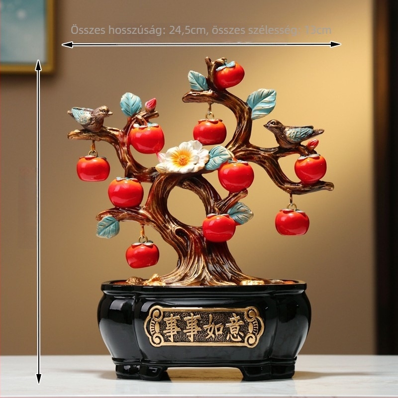 Persimon díszfigura szerencsés motívummal, kínai stílusú gyantából