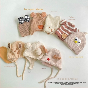Baba kötött sapka medvefülekkel, téli meleg, gyapjú jacquard, koreai stílus, 6–12 hónap és 1–2 év közötti korosztály számára