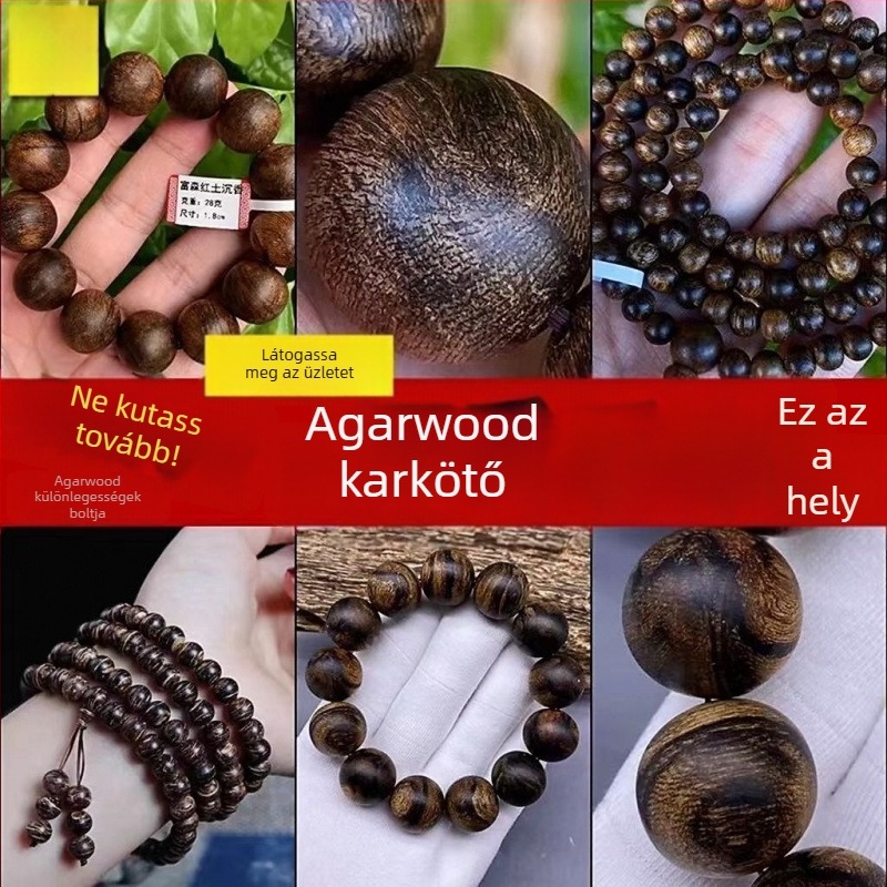 Aromás fa karkötő agarwood beillesztéssel, kézzel készített gyöngyök, 15 gyöngy