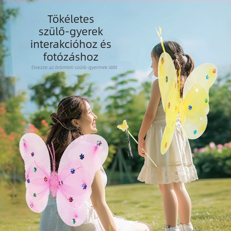 Világító angyali pillangó szárnyak, tündérpálca és hátsó kiegészítő – műanyag játék 0–3 éveseknek