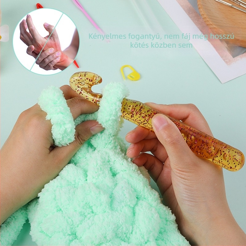 Horgolótű készlet: átlátszó, vastag műanyag horgolótű kezdőknek; ZA márka; Wool braided set; modern stílus; bruttó tömeg 241,8 g