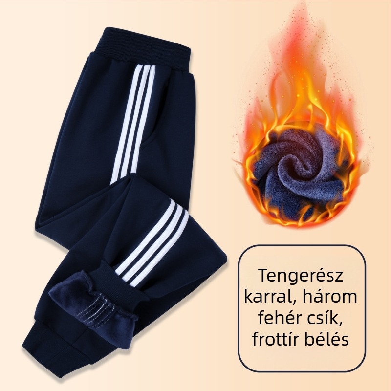 Gyerekeknek szóló pamut sportnadrág fleece belsővel, téli, Preppy stílus, 73% pamut, középmagas derekú, elasztikus derékrész