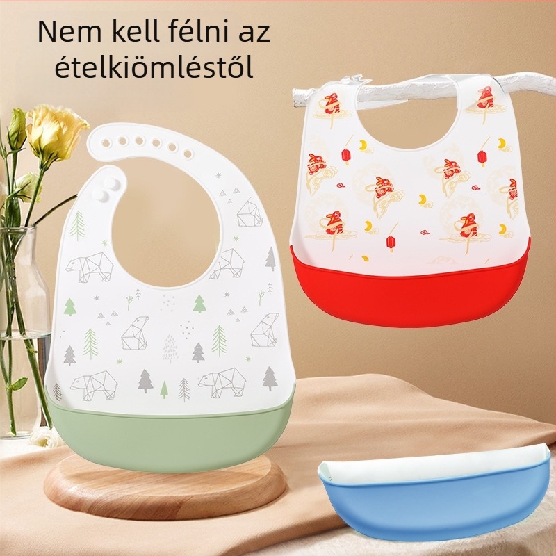 Baba szilikon etetőnyakvédő — vízálló, élelmiszer-minőségű szilikon, mintázat állatokkal/karikatúrával, 0–6 éveseknek