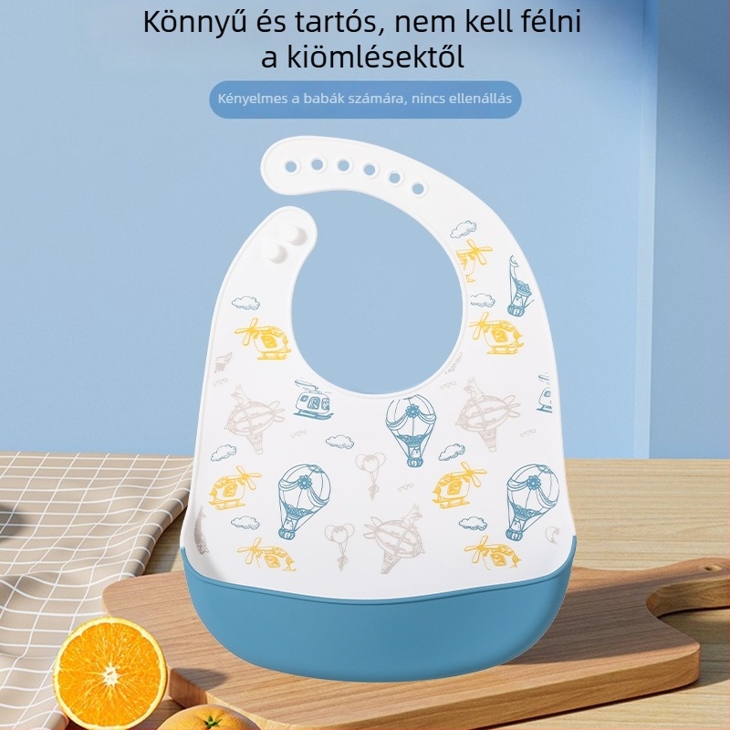 Baba szilikon etetőnyakvédő — vízálló, élelmiszer-minőségű szilikon, mintázat állatokkal/karikatúrával, 0–6 éveseknek