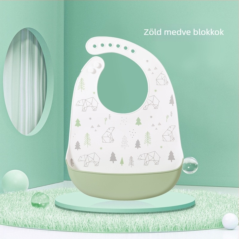 Baba szilikon etetőnyakvédő — vízálló, élelmiszer-minőségű szilikon, mintázat állatokkal/karikatúrával, 0–6 éveseknek