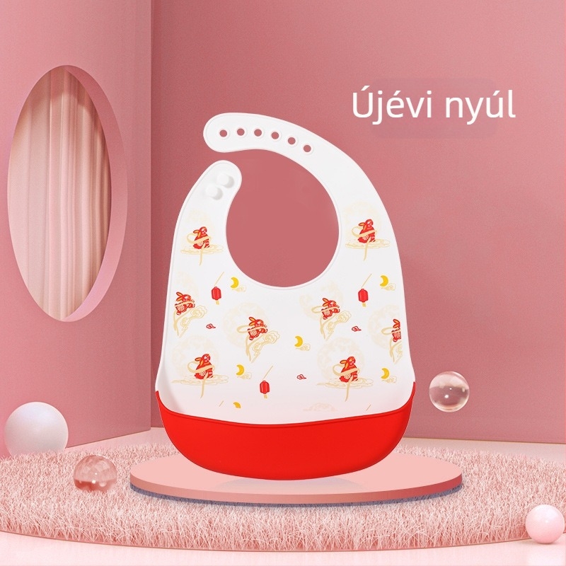 Baba szilikon etetőnyakvédő — vízálló, élelmiszer-minőségű szilikon, mintázat állatokkal/karikatúrával, 0–6 éveseknek