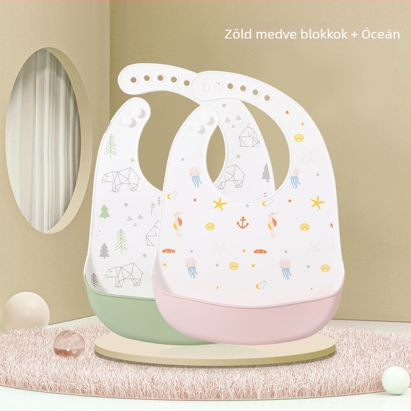 Baba szilikon etetőnyakvédő — vízálló, élelmiszer-minőségű szilikon, mintázat állatokkal/karikatúrával, 0–6 éveseknek