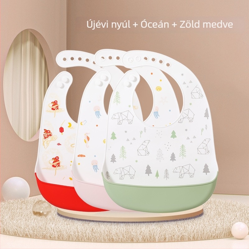 Baba szilikon etetőnyakvédő — vízálló, élelmiszer-minőségű szilikon, mintázat állatokkal/karikatúrával, 0–6 éveseknek