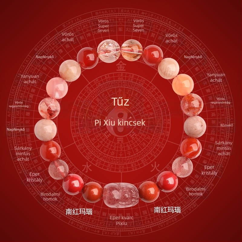 Öt elem Pixiu tűz attribútumú karkötő - kézzel készített, természetes kristállyal, Duobao, uniszex, szerencsés