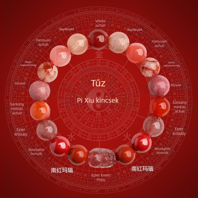 Öt elem Pixiu tűz attribútumú karkötő - kézzel készített, természetes kristállyal, Duobao, uniszex, szerencsés
