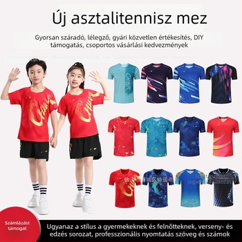 Asztalitenisz rövid ujjú edzőkészlet – Uniszex, gyorsan száradó poliészter keverék, 95–100% poliészter, tavasz–ősz, felnőttek és gyermekek számára