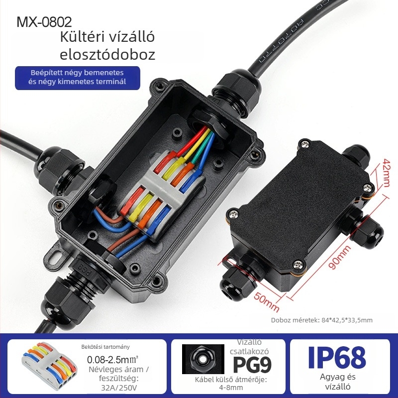 MX-0800 Kültéri vízálló kábelcsatlakozó doboz gyors terminálblokk-kal, IP68, földbe süllyeszthető, verziók: 2 bemenet/2 kimenet vagy 2 bemenet/4 kimenet