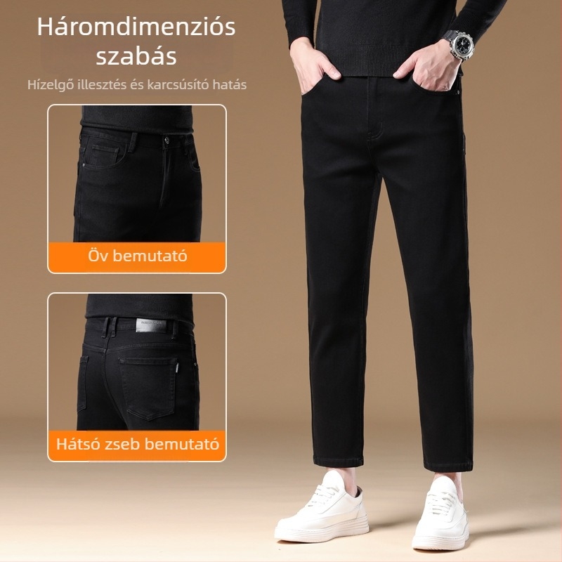 Férfi cropped egyenes nadrág, középmagas derekú, cipzár, pamut-poliészter-elasztán keverék, mikroelasztikusság, kőmosott