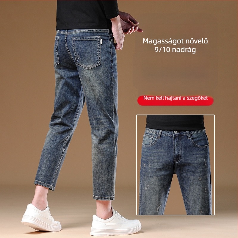 Férfi cropped egyenes nadrág, középmagas derekú, cipzár, pamut-poliészter-elasztán keverék, mikroelasztikusság, kőmosott